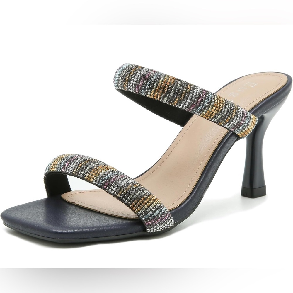 NWOT Rhinestone Heeled Sandals Square Open Strappy  Sandals  Dress Shoes 9.5